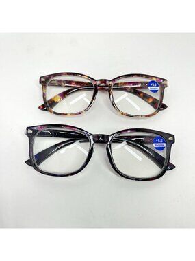 Set Of 2 Reading Glasses +5.0 Blue Light Filter Square Frame Floral & Tortoise